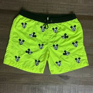 MC2 Saint Barth Menโs Mickey Mouse Embroidered Swim Shorts In Florescent Yellow